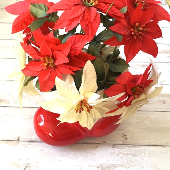 Santa’s Boot Ceramic Christmas Vase & Artificial Poinsettias Flowers Home Decor - Picture 3 of 4